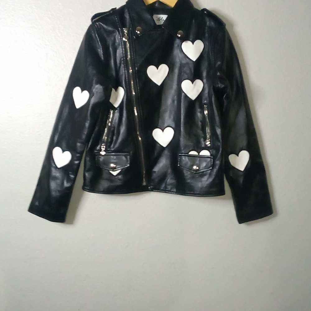 Lola Black Leather Jacket with White Heart Details